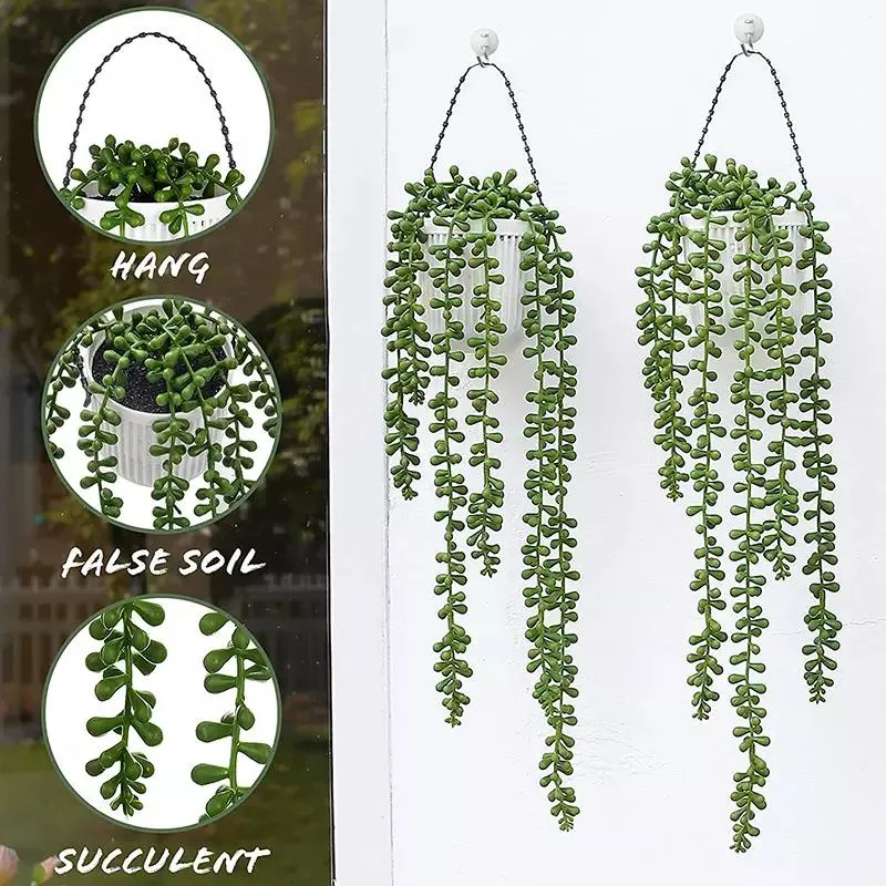 Artificial Succulents Hanging Plants Faux String of Pearls for Wall Home Garden Decor